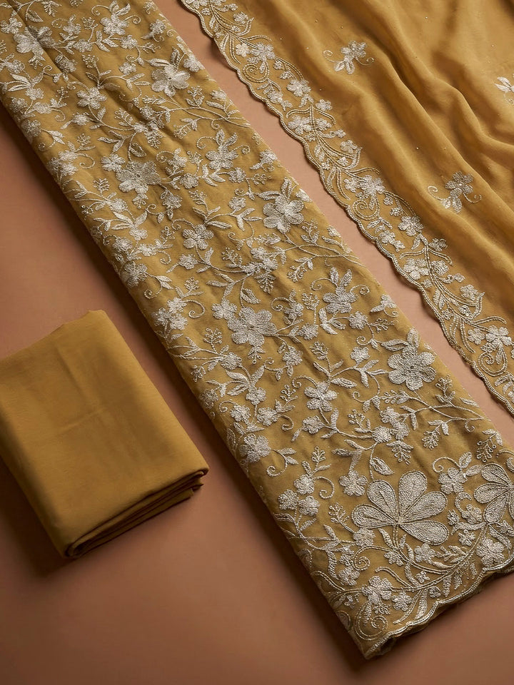 Mustard Organza Embroidered Unstitched Dress Material