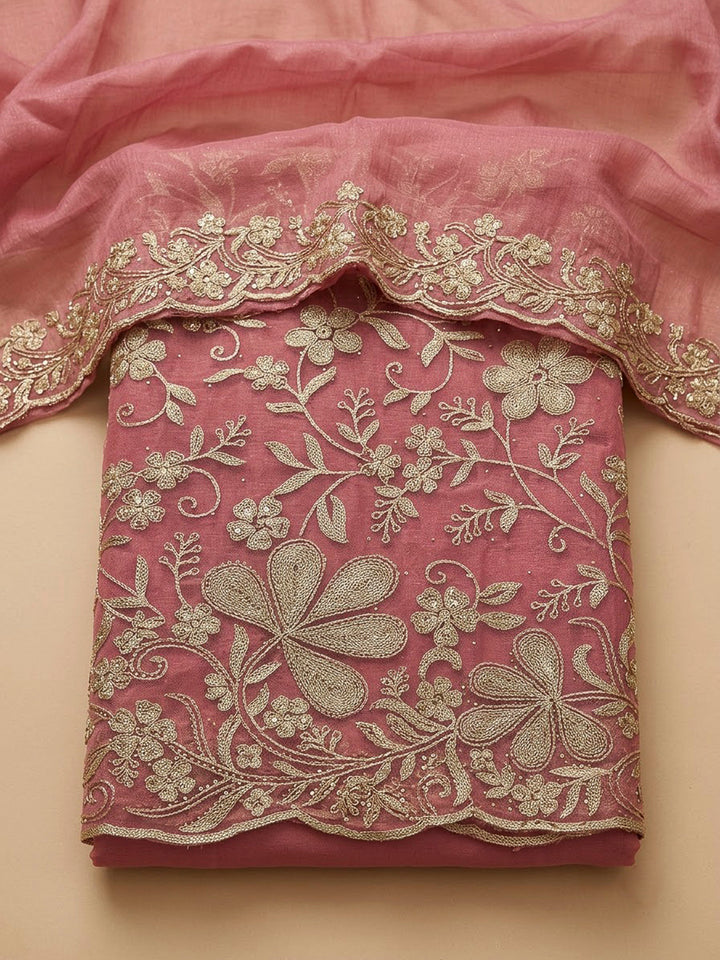 Pink Organza Embroidered Unstitched Dress Material