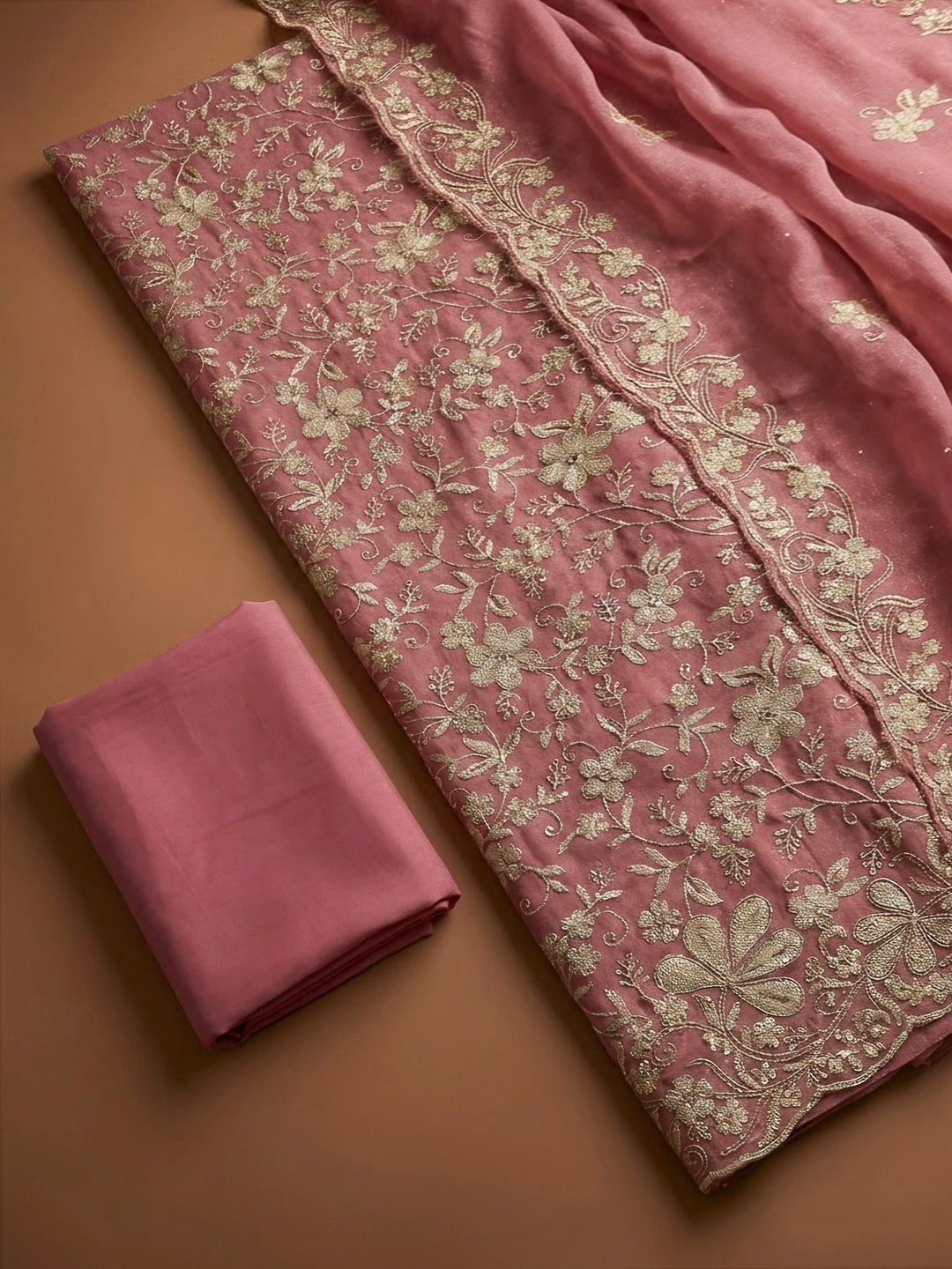 Pink Organza Embroidered Unstitched Dress Material