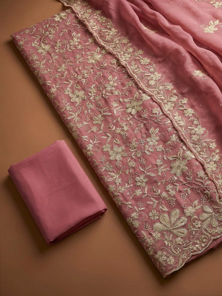 Pink Organza Embroidered Unstitched Dress Material