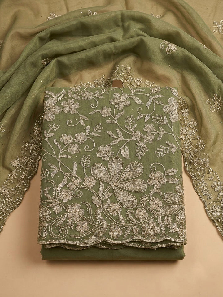 Pista Green Organza Embroidered Unstitched Dress Material
