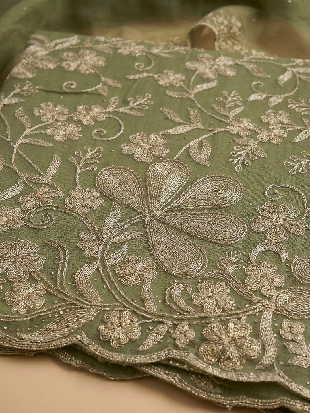Pista Green Organza Embroidered Unstitched Dress Material