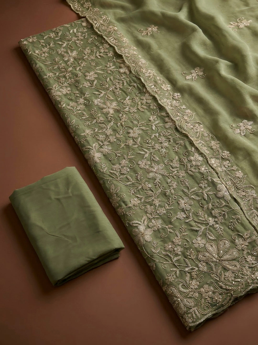 Pista Green Organza Embroidered Unstitched Dress Material