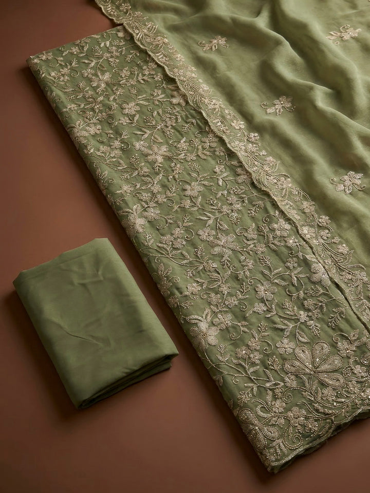 Pista Green Organza Embroidered Unstitched Dress Material