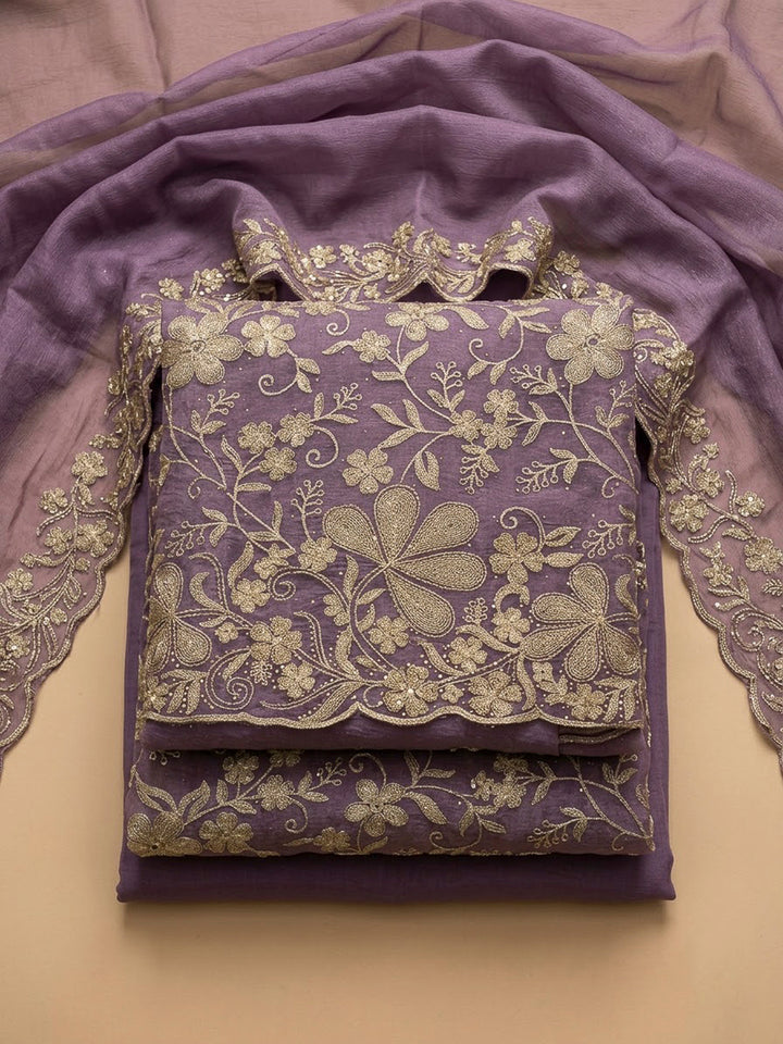 Purple Organza Embroidered Unstitched Dress Material