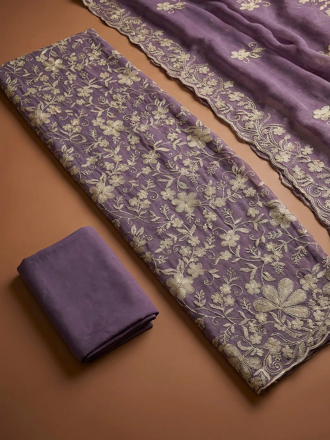 Purple Organza Embroidered Unstitched Dress Material