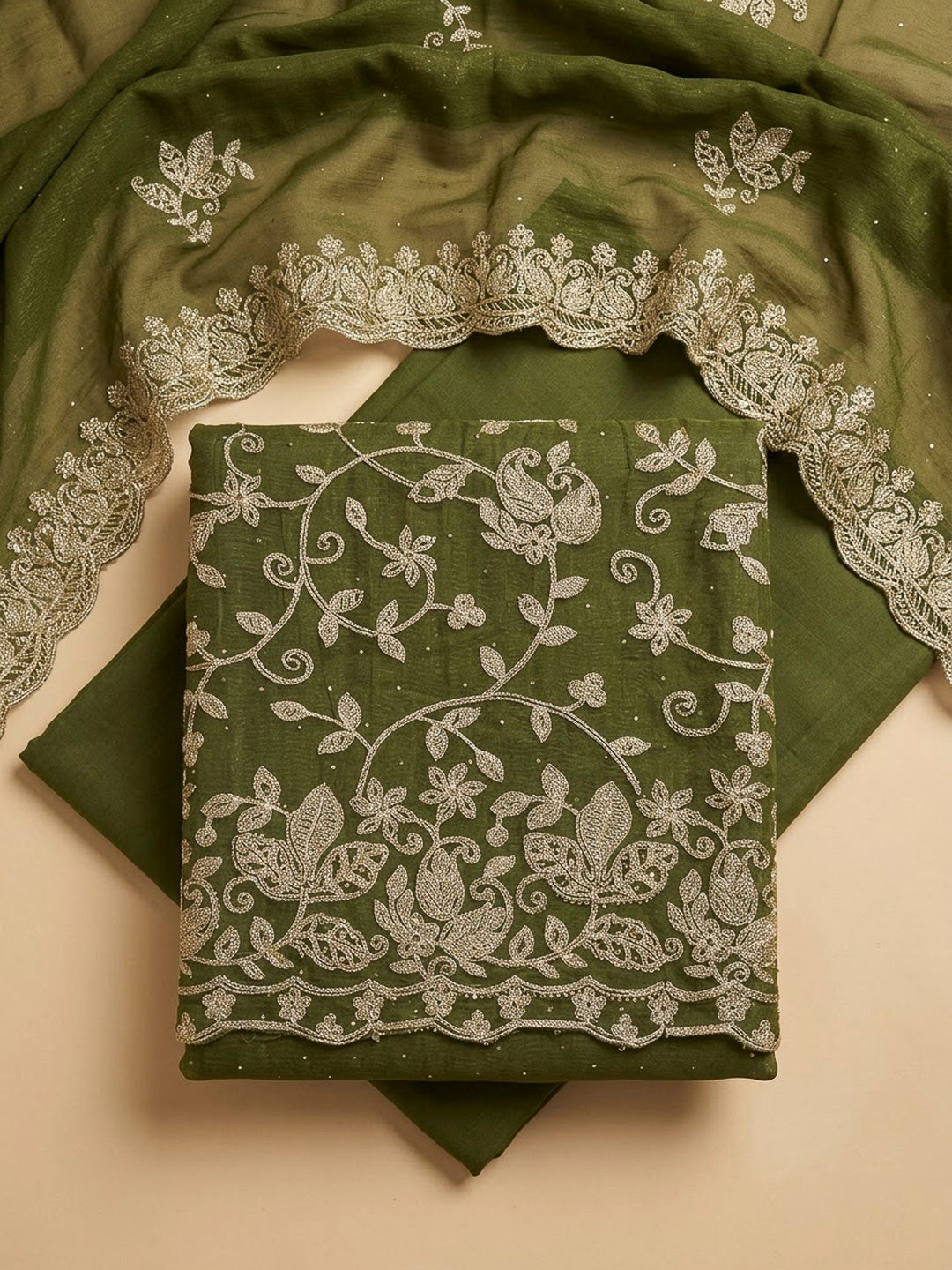 Green Organza Embroidered Unstitched Dress Material