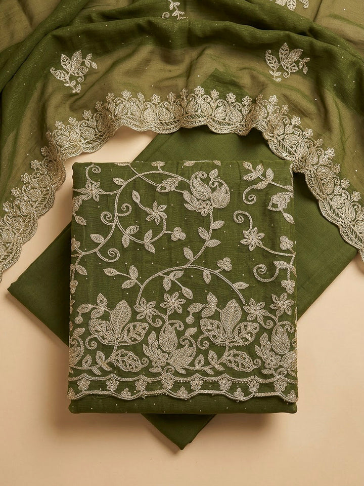 Green Organza Embroidered Unstitched Dress Material