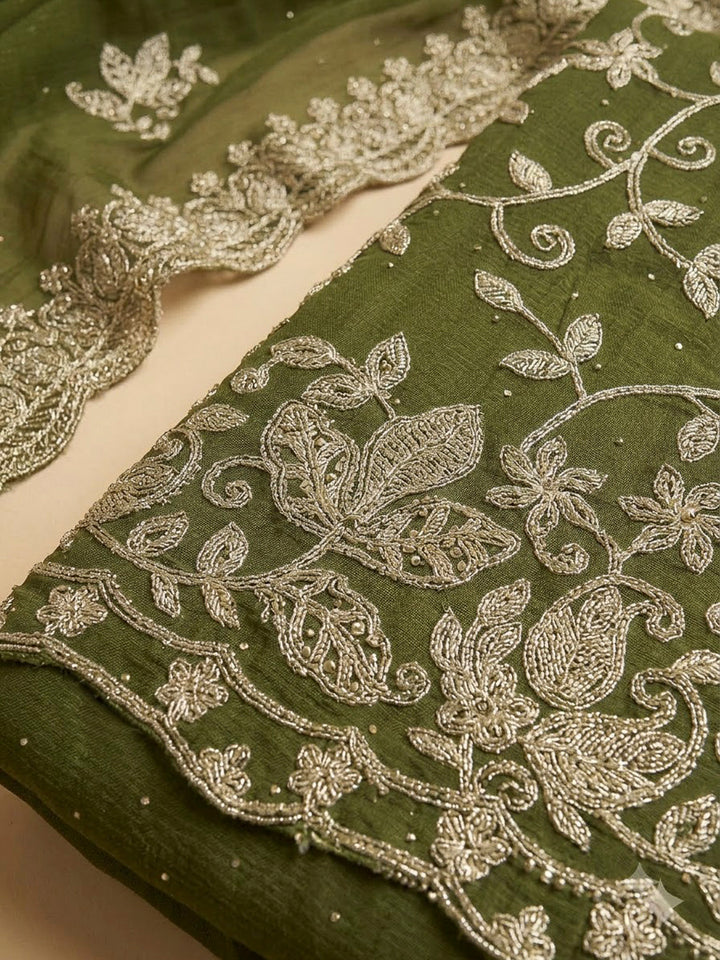 Green Organza Embroidered Unstitched Dress Material