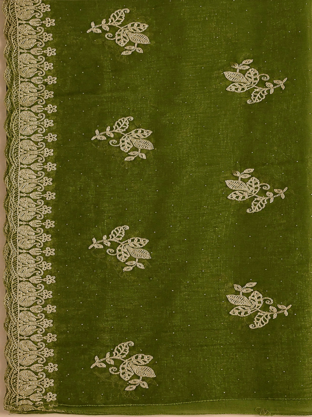 Green Organza Embroidered Unstitched Dress Material