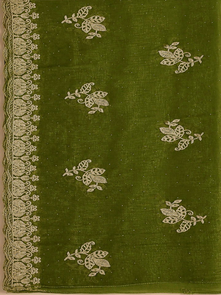 Green Organza Embroidered Unstitched Dress Material