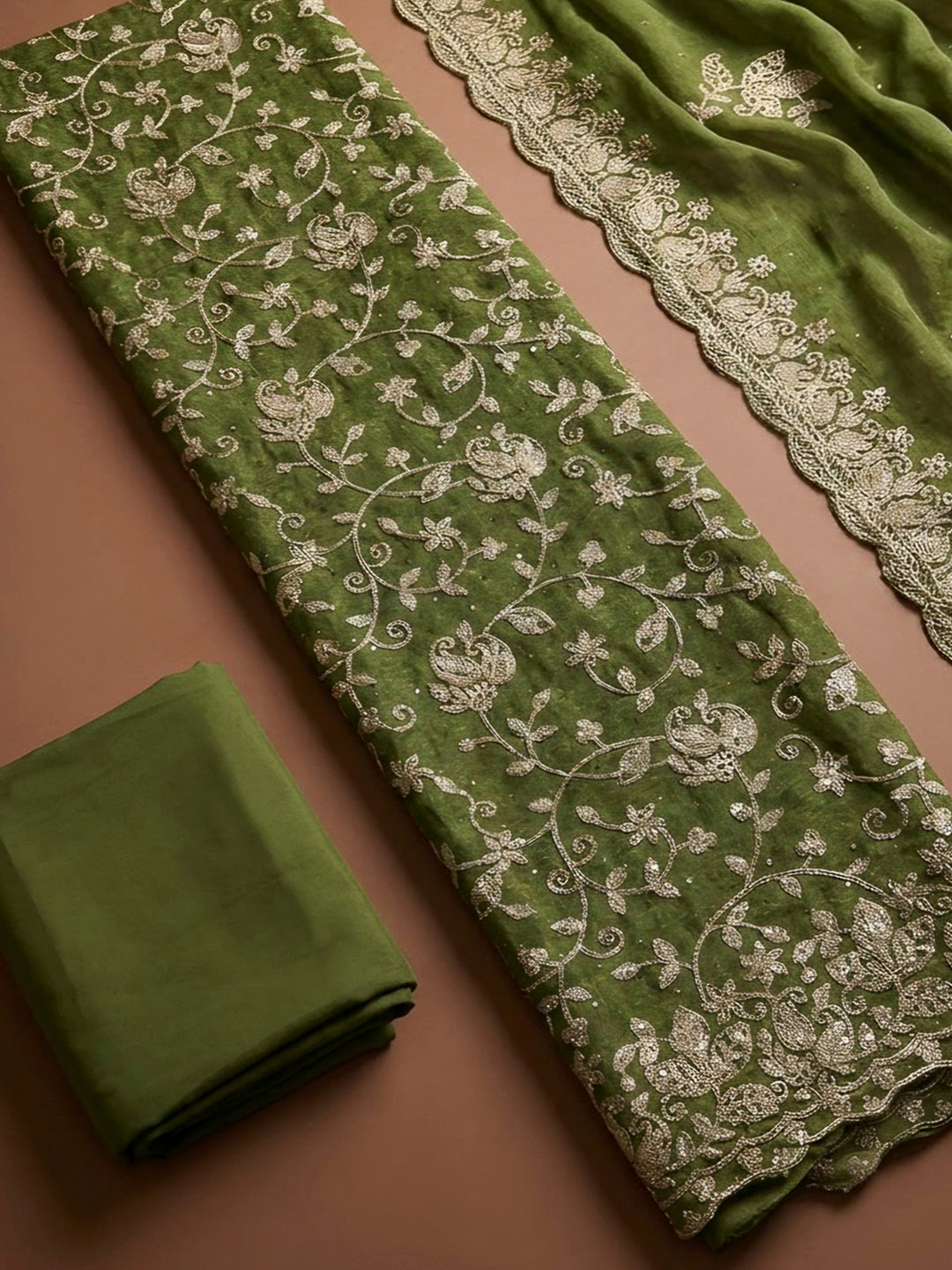 Green Organza Embroidered Unstitched Dress Material