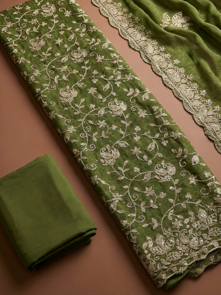 Green Organza Embroidered Unstitched Dress Material