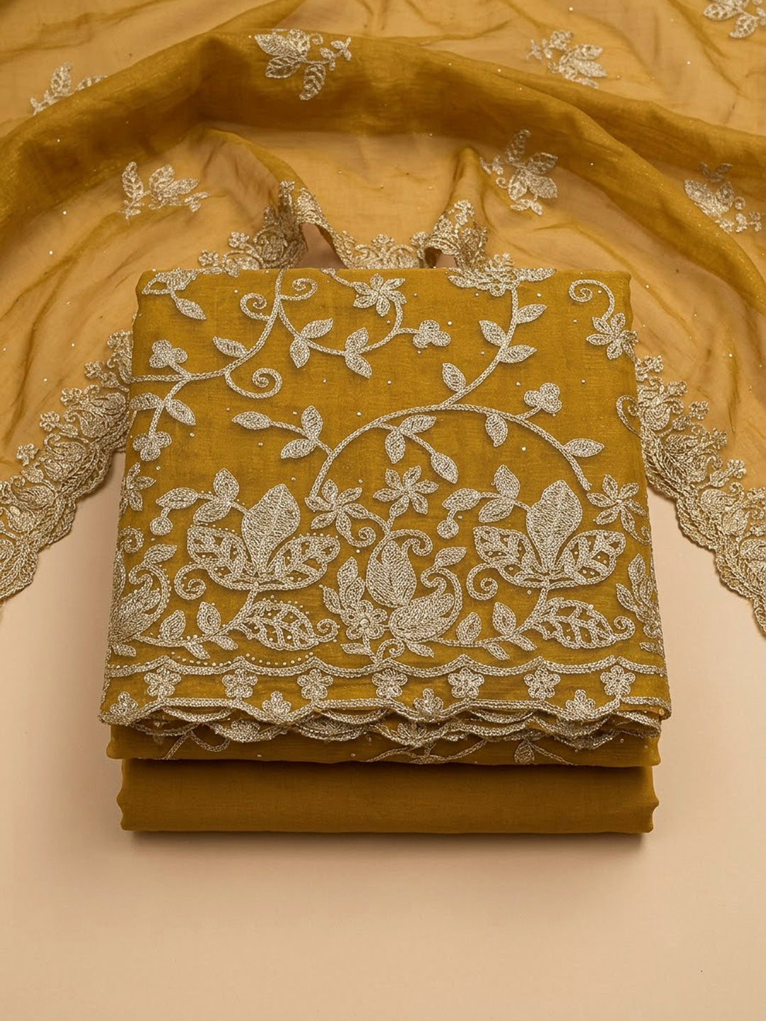 Mustard Organza Embroidered Unstitched Dress Material