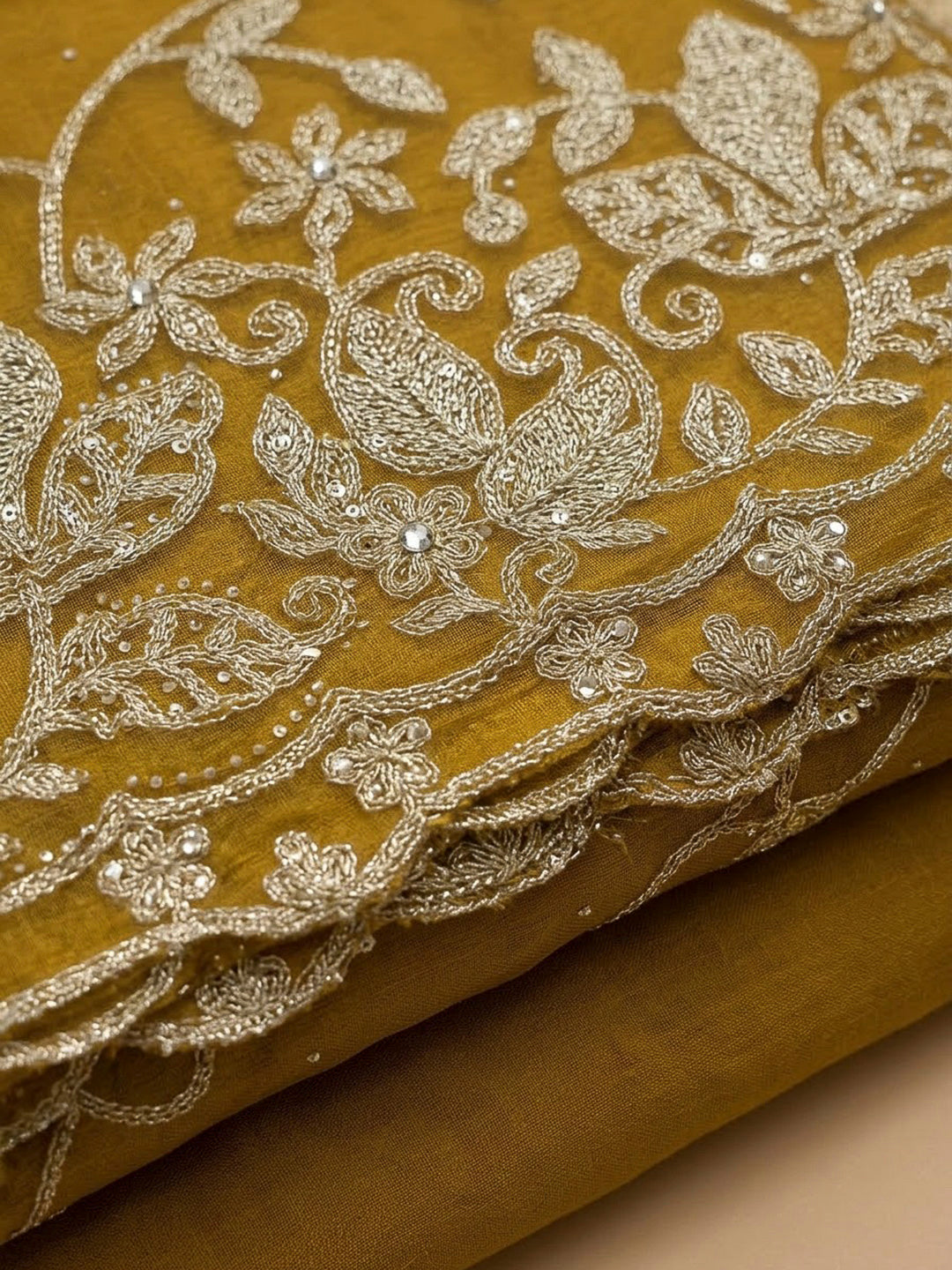 Mustard Organza Embroidered Unstitched Dress Material