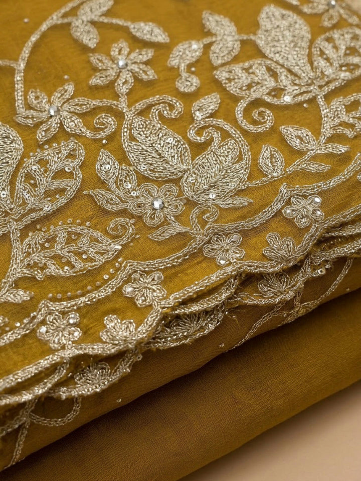 Mustard Organza Embroidered Unstitched Dress Material