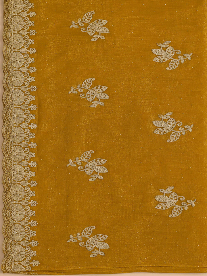 Mustard Organza Embroidered Unstitched Dress Material