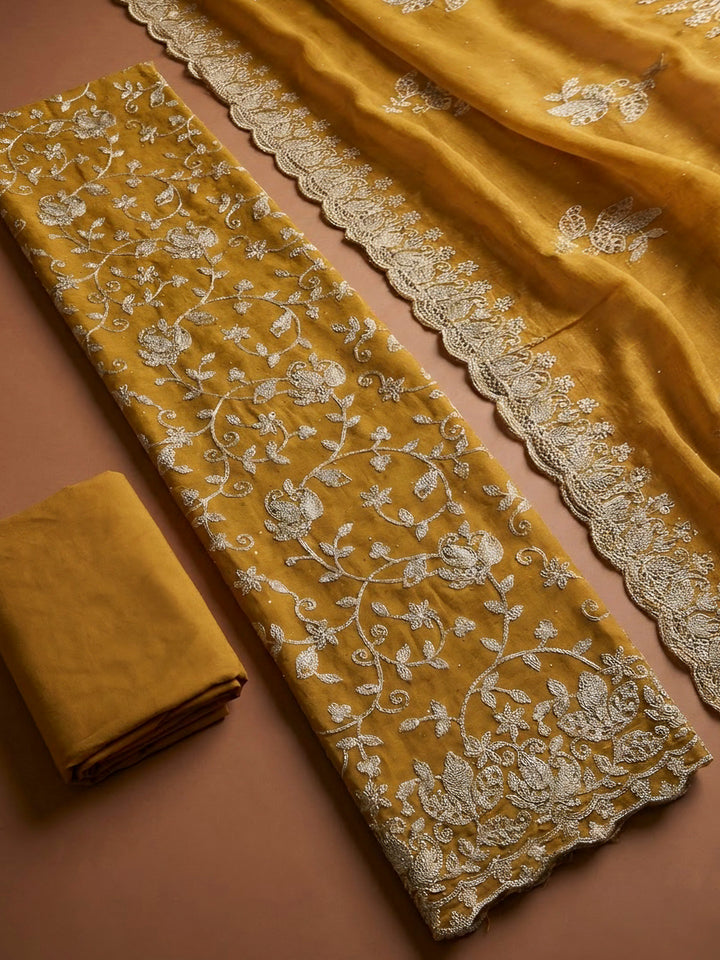 Mustard Organza Embroidered Unstitched Dress Material
