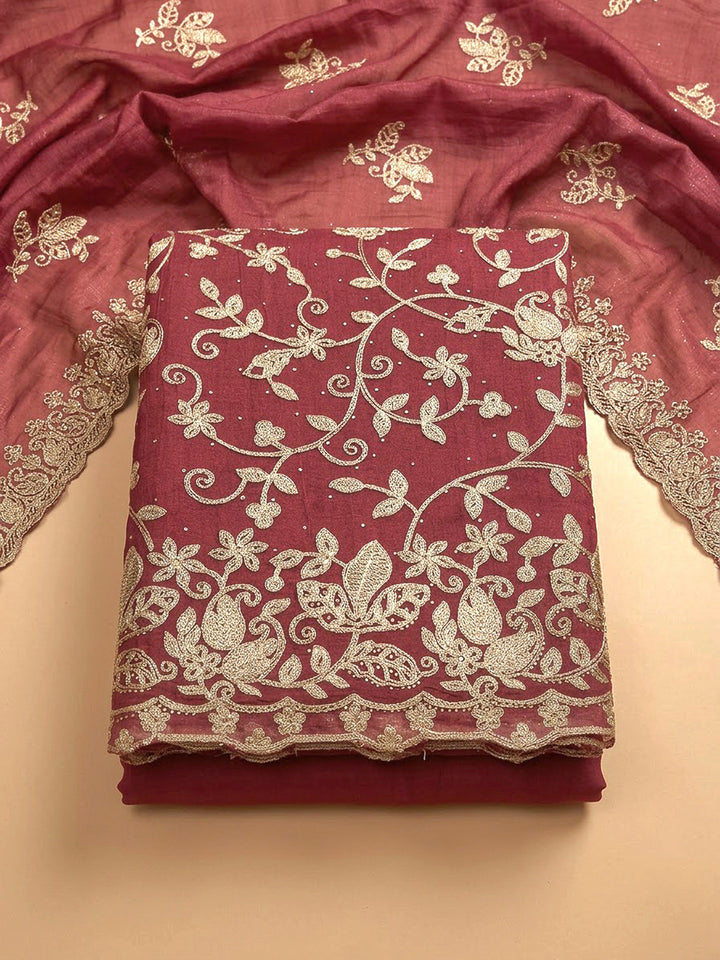 Onion Pink Organza Embroidered Unstitched Dress Material