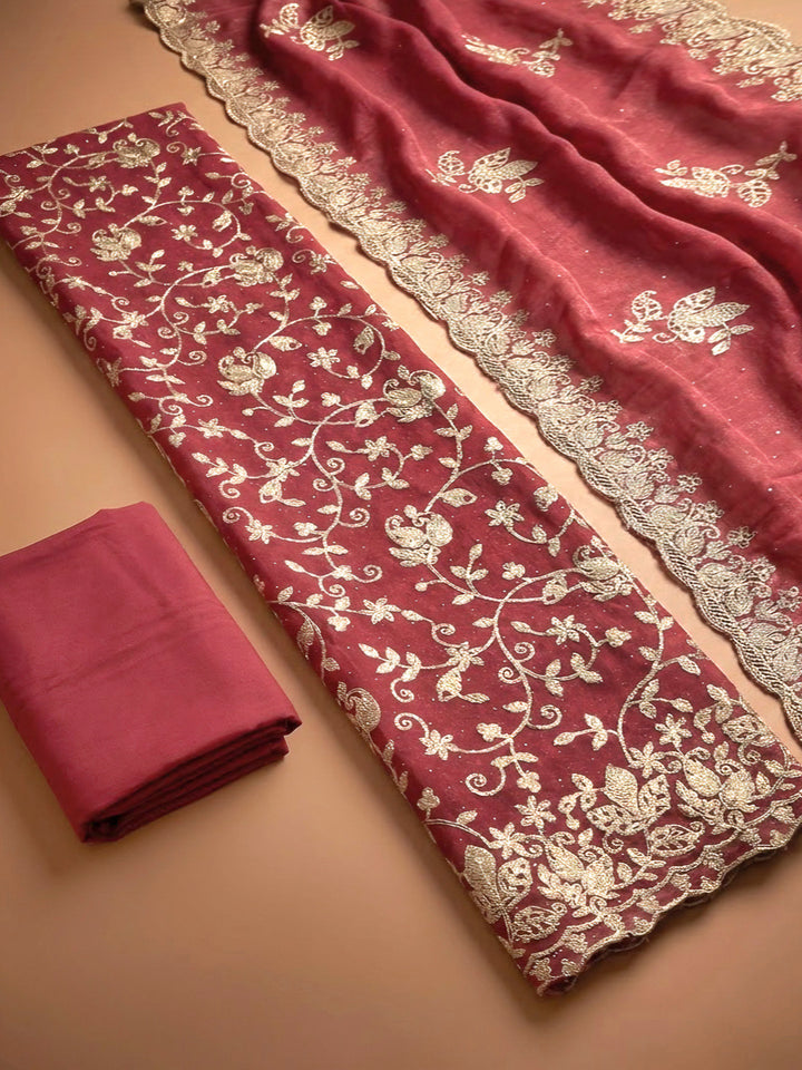 Onion Pink Organza Embroidered Unstitched Dress Material