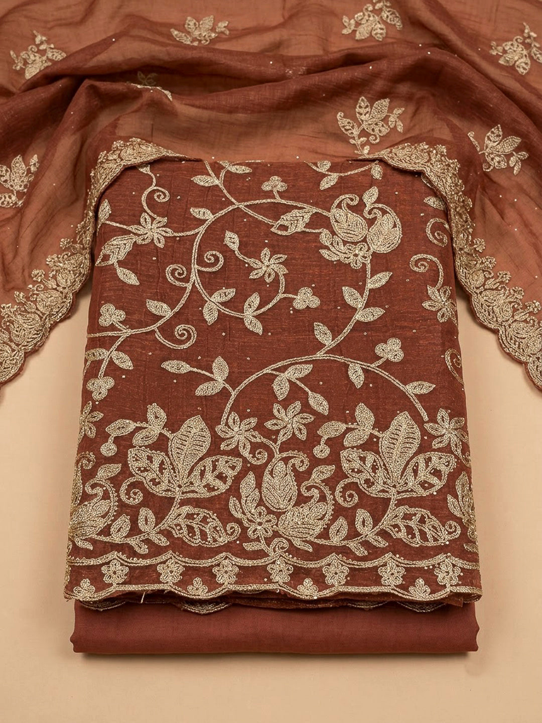 Rust Organza Embroidered Unstitched Dress Material