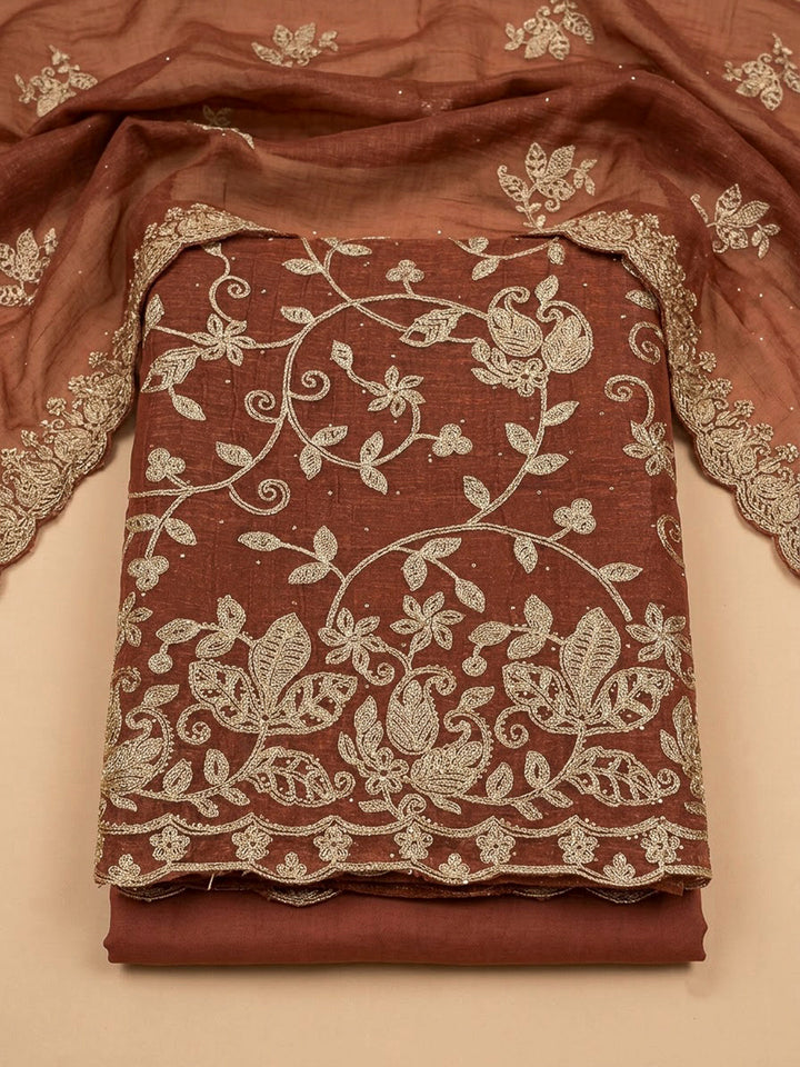 Rust Organza Embroidered Unstitched Dress Material