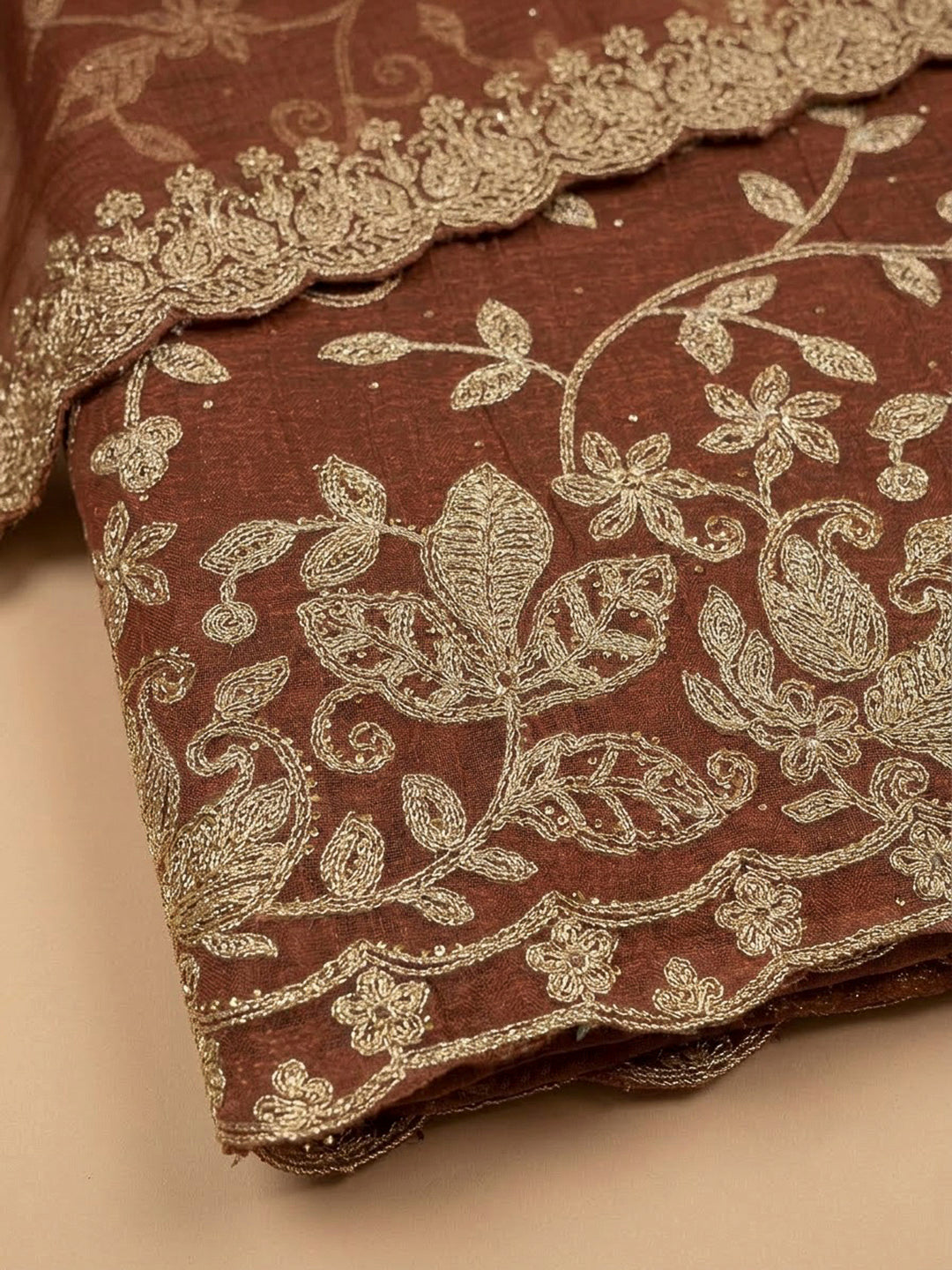 Rust Organza Embroidered Unstitched Dress Material