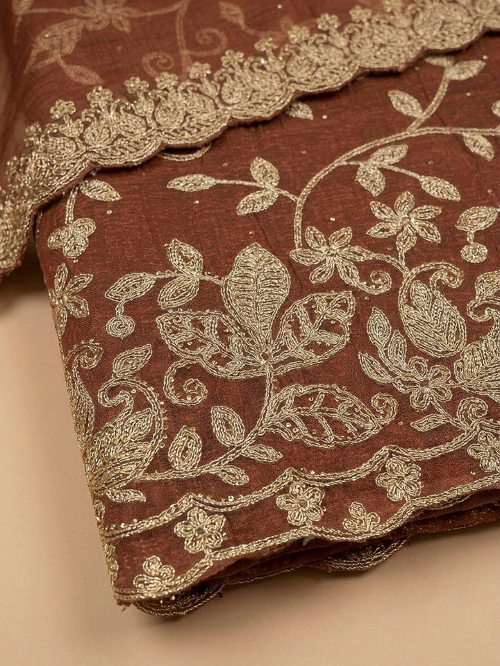 Rust Organza Embroidered Unstitched Dress Material