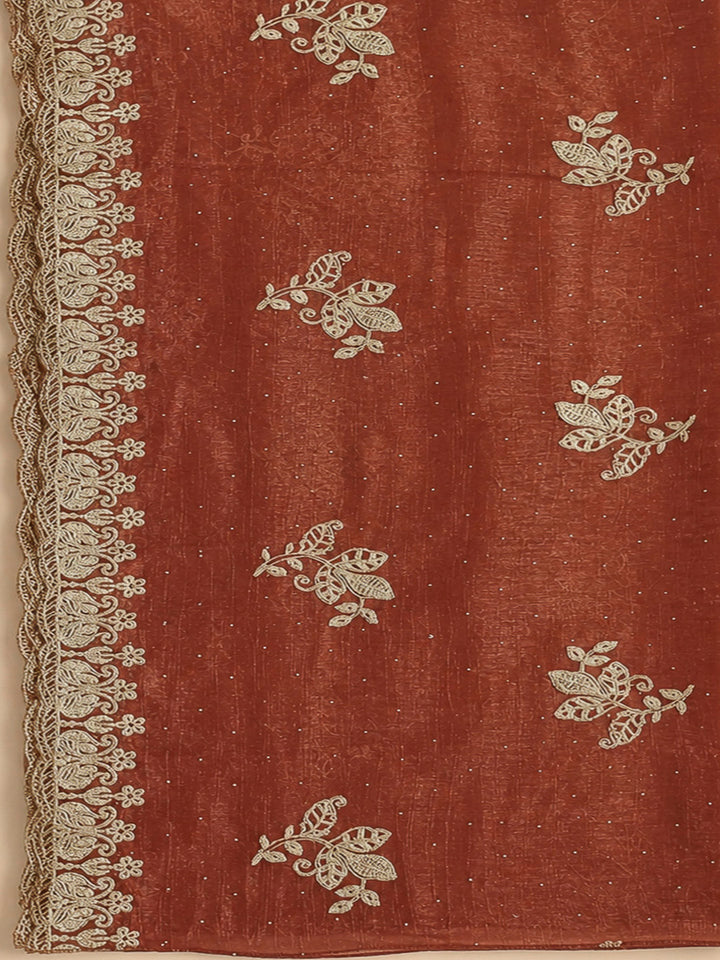 Rust Organza Embroidered Unstitched Dress Material