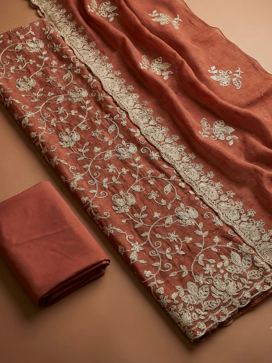 Rust Organza Embroidered Unstitched Dress Material