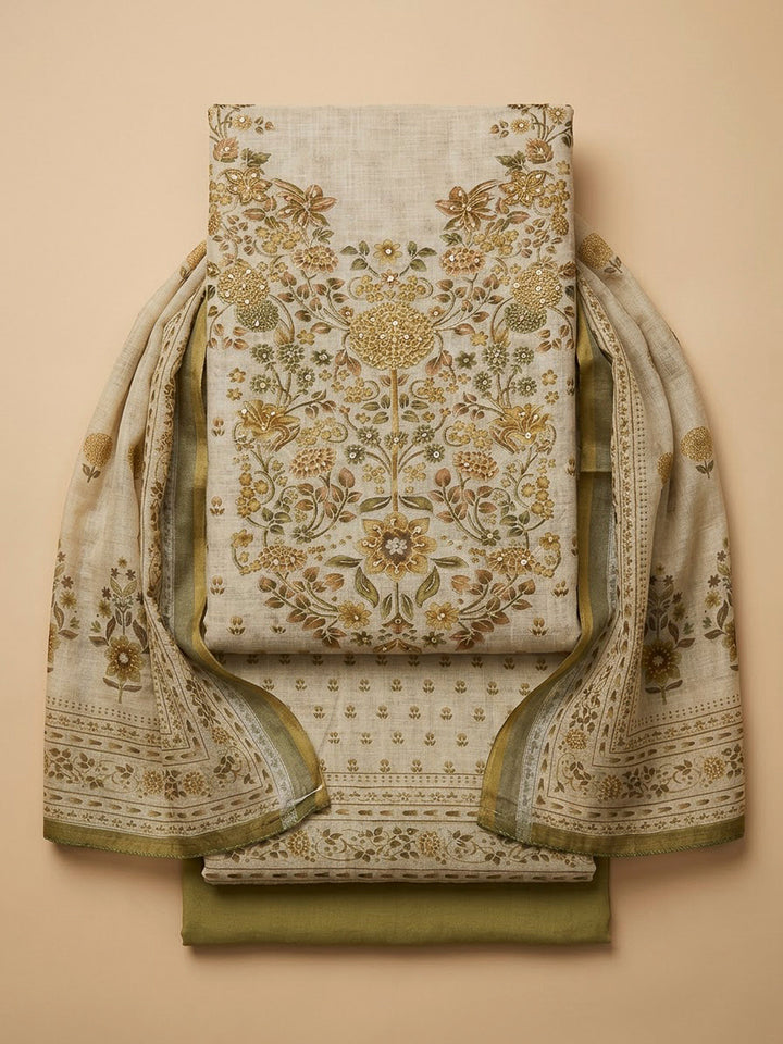 Mehndi Linen Blend Printed Unstitched Dress Material