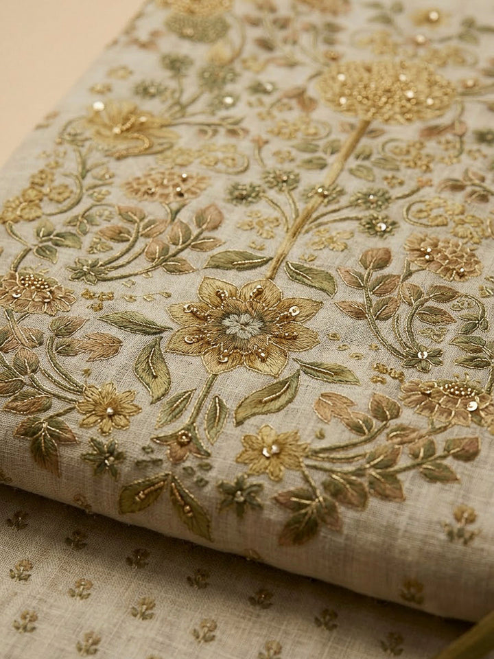 Mehndi Linen Blend Printed Unstitched Dress Material