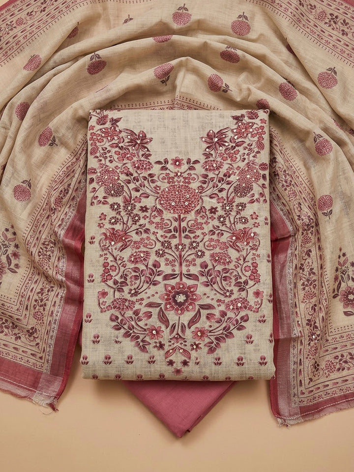Pink Linen Blend Printed Unstitched Dress Material