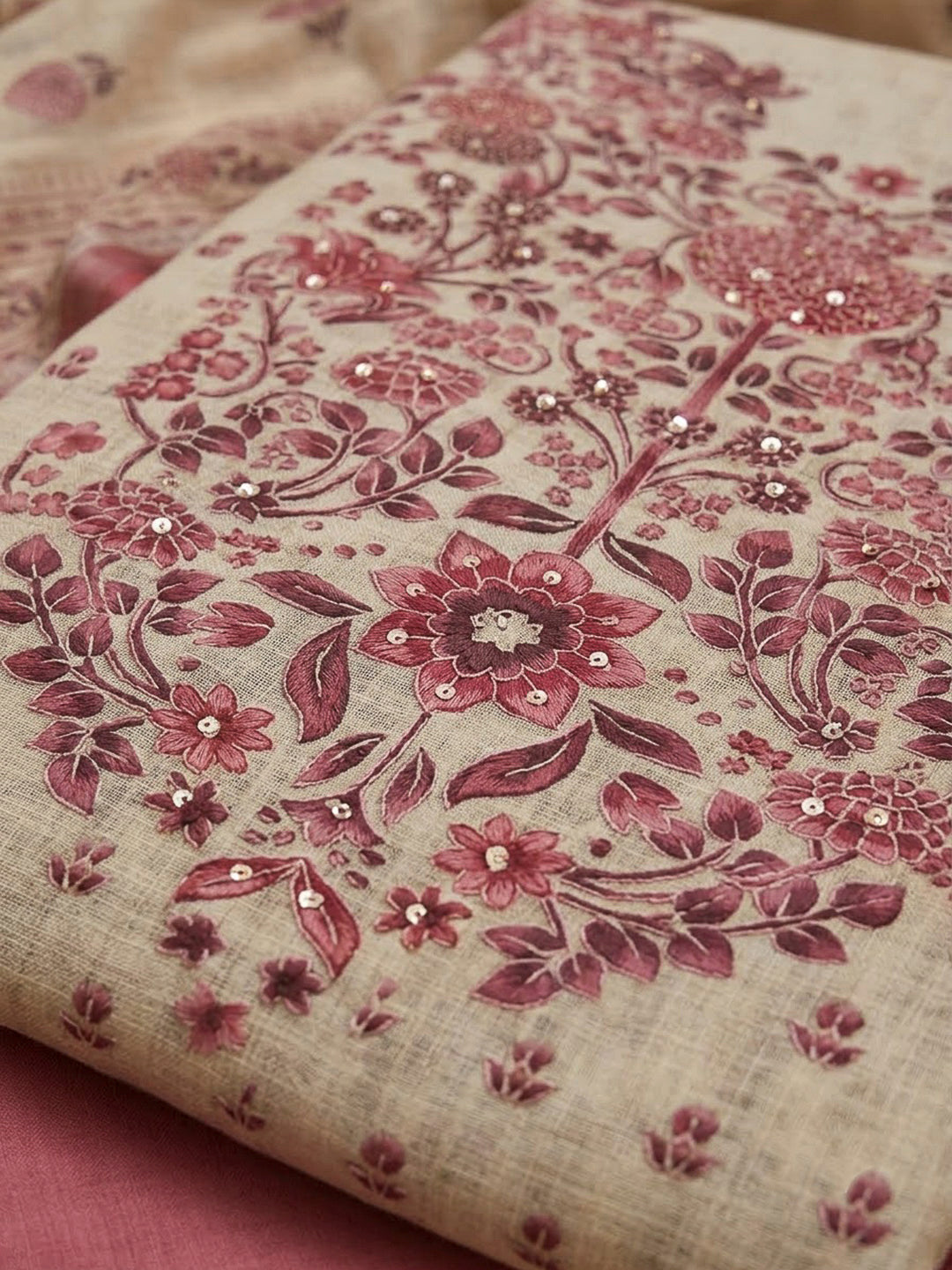 Pink Linen Blend Printed Unstitched Dress Material