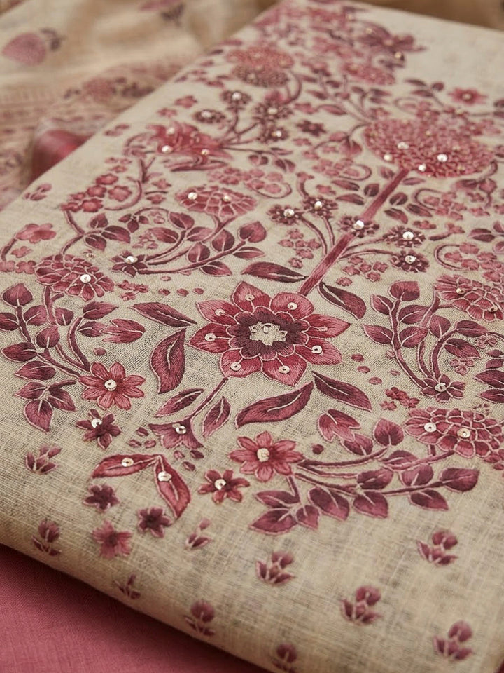 Pink Linen Blend Printed Unstitched Dress Material