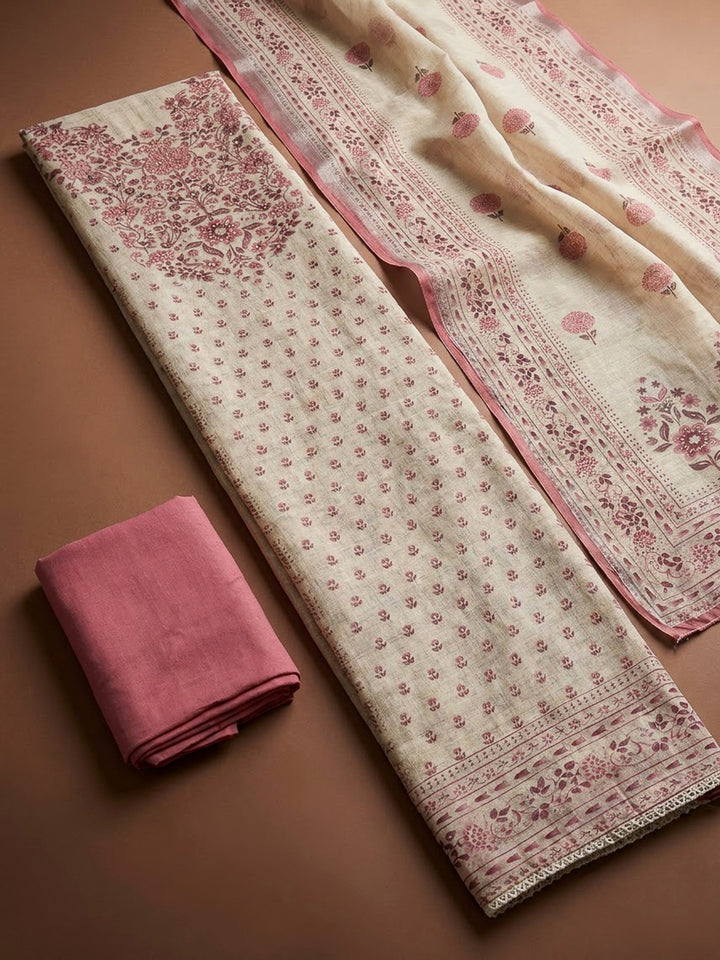 Pink Linen Blend Printed Unstitched Dress Material