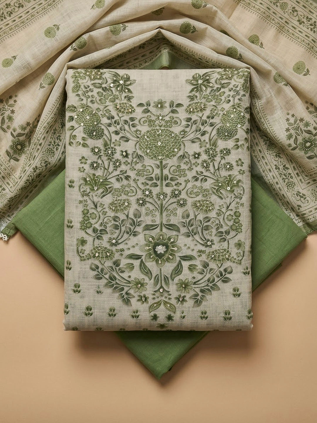 Pista Green Linen Blend Printed Unstitched Dress Material