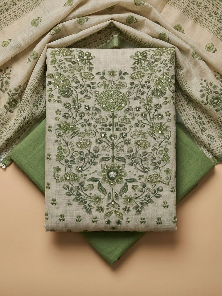 Pista Green Linen Blend Printed Unstitched Dress Material