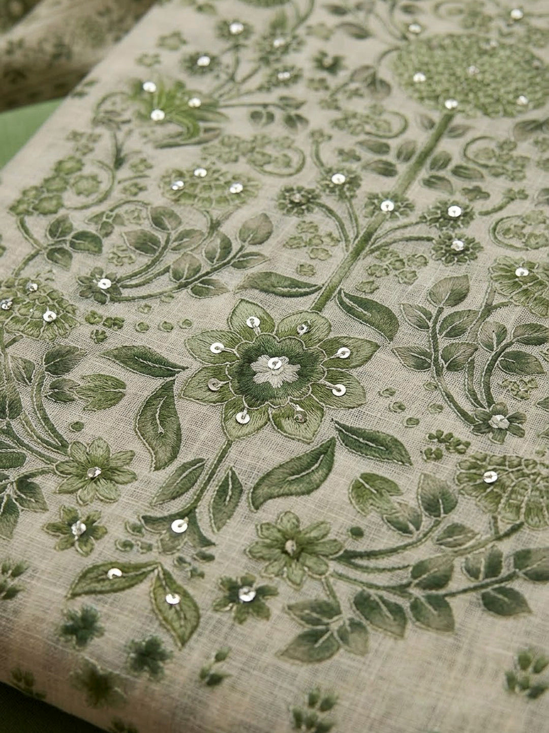 Pista Green Linen Blend Printed Unstitched Dress Material