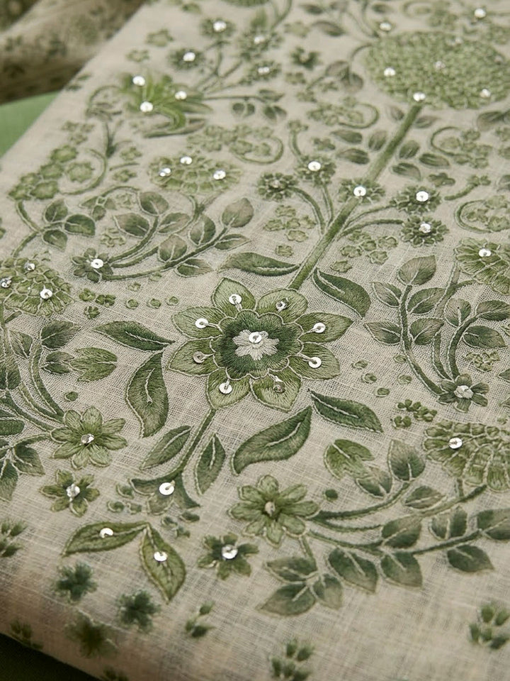Pista Green Linen Blend Printed Unstitched Dress Material