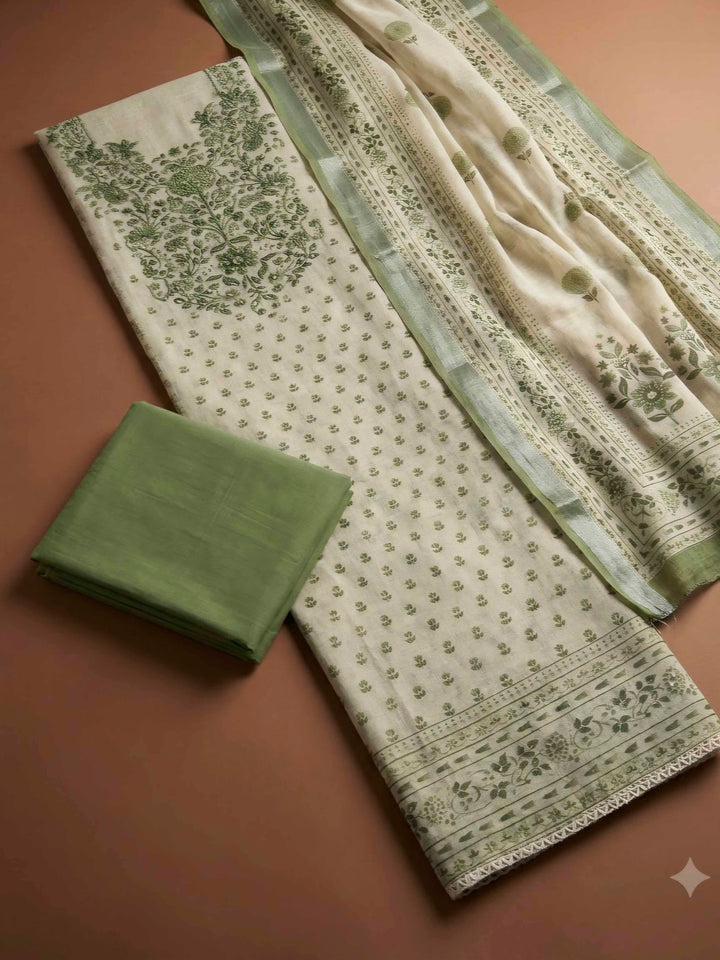 Pista Green Linen Blend Printed Unstitched Dress Material