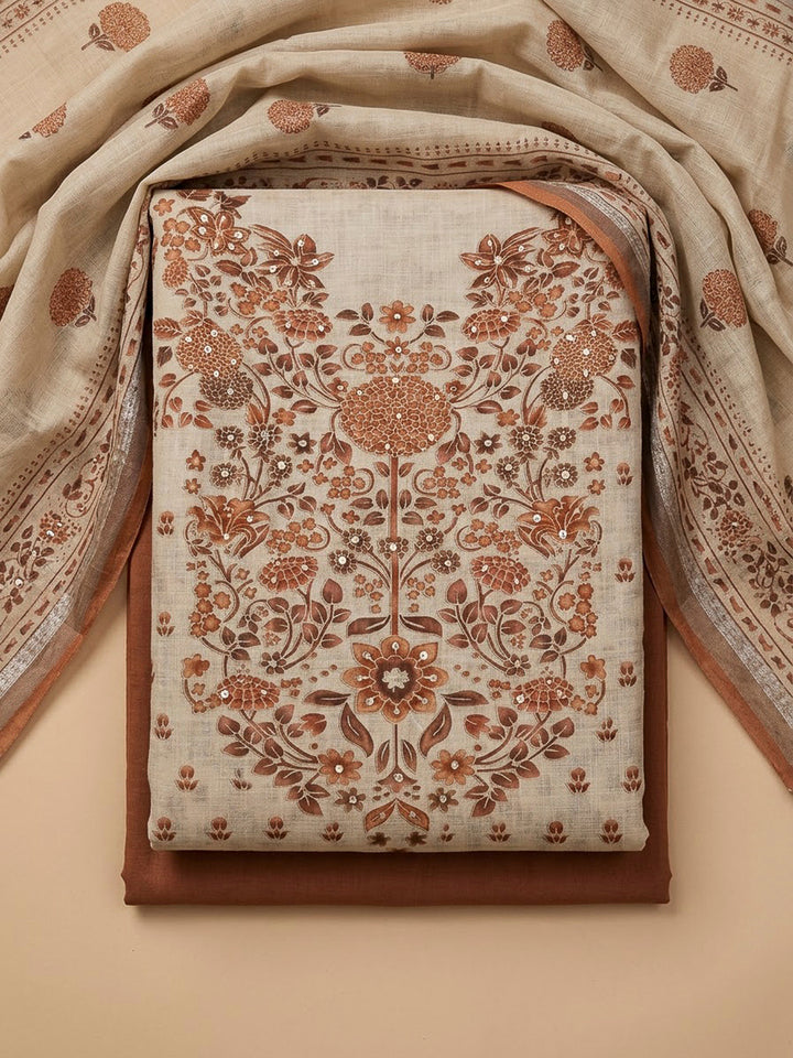 Rust Linen Blend Printed Unstitched Dress Material