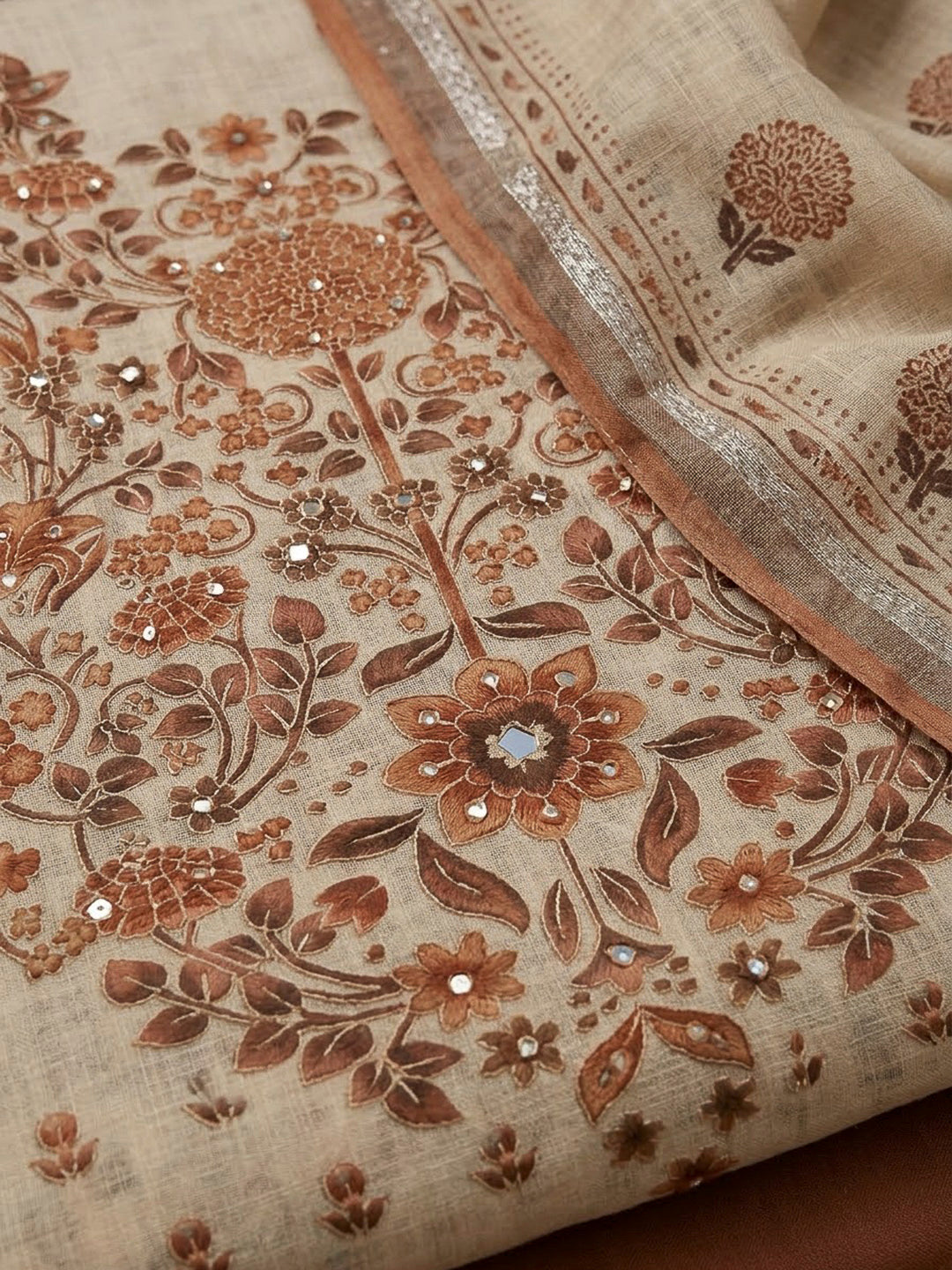 Rust Linen Blend Printed Unstitched Dress Material