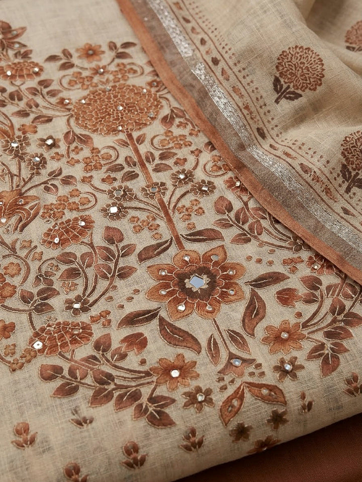 Rust Linen Blend Printed Unstitched Dress Material