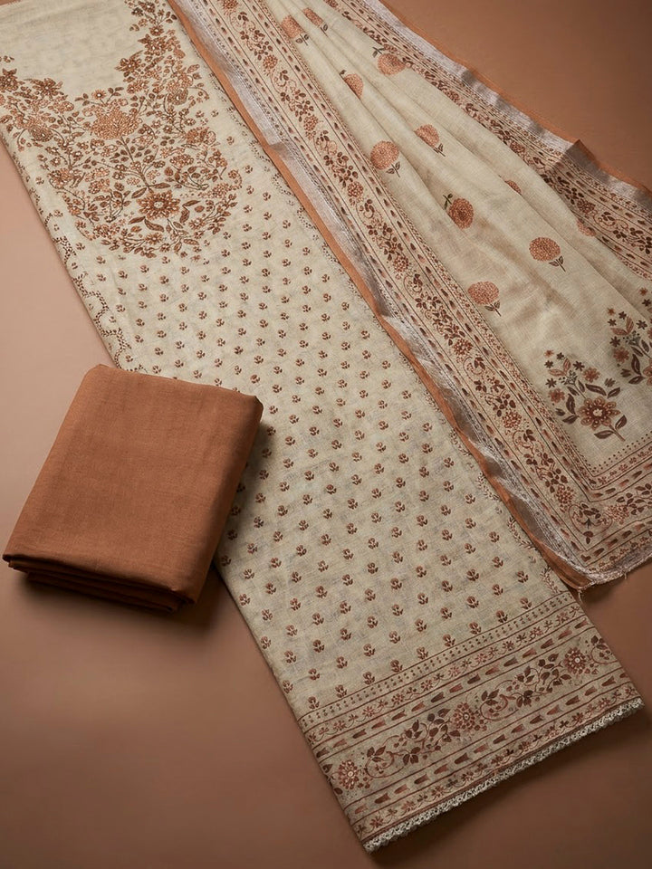 Rust Linen Blend Printed Unstitched Dress Material