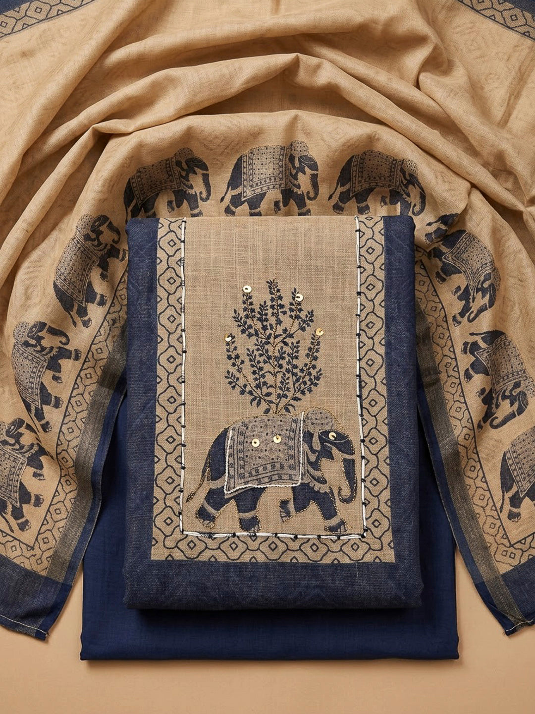 Blue Linen Blend Printed Unstitched Dress Material