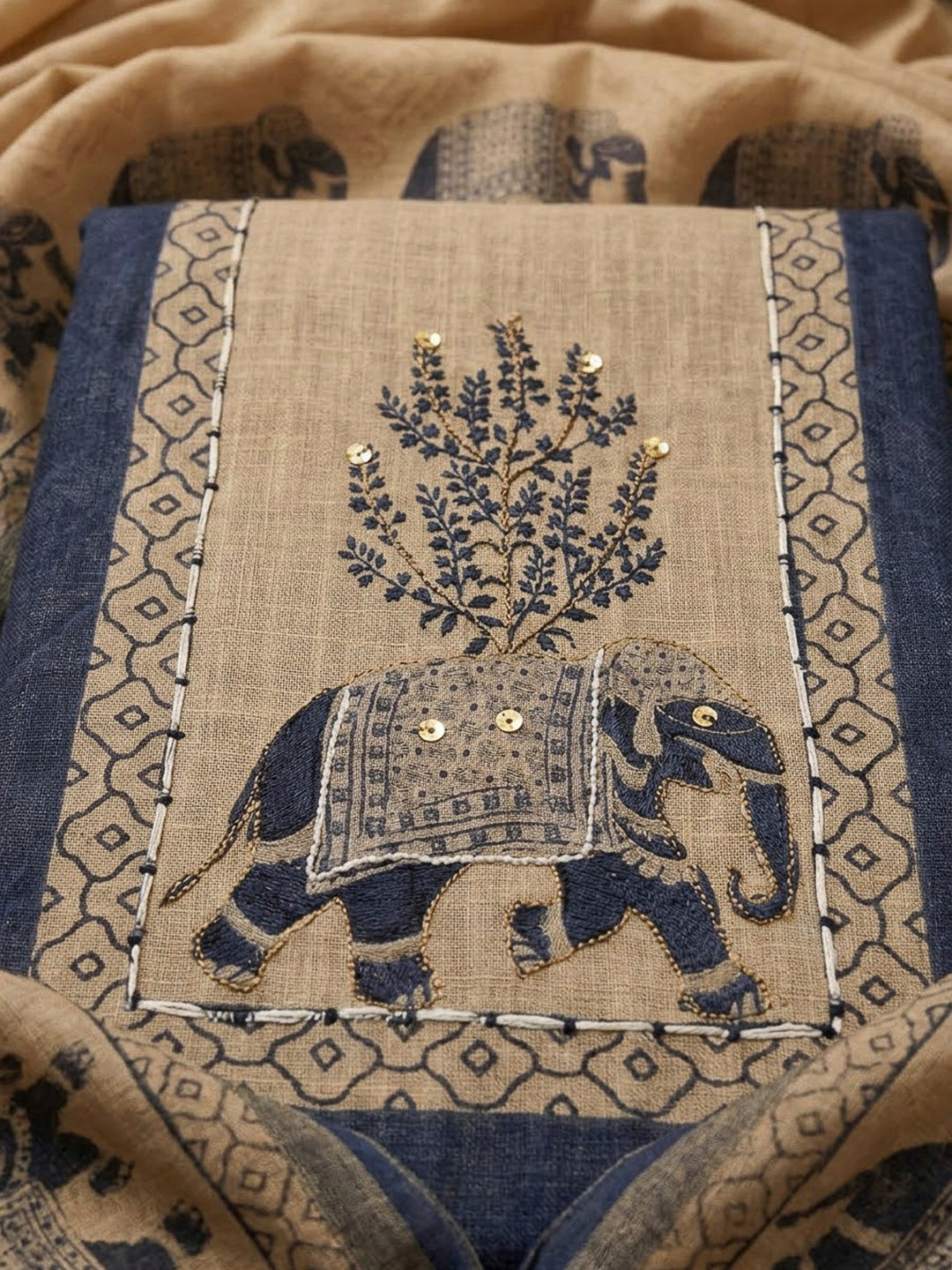 Blue Linen Blend Printed Unstitched Dress Material