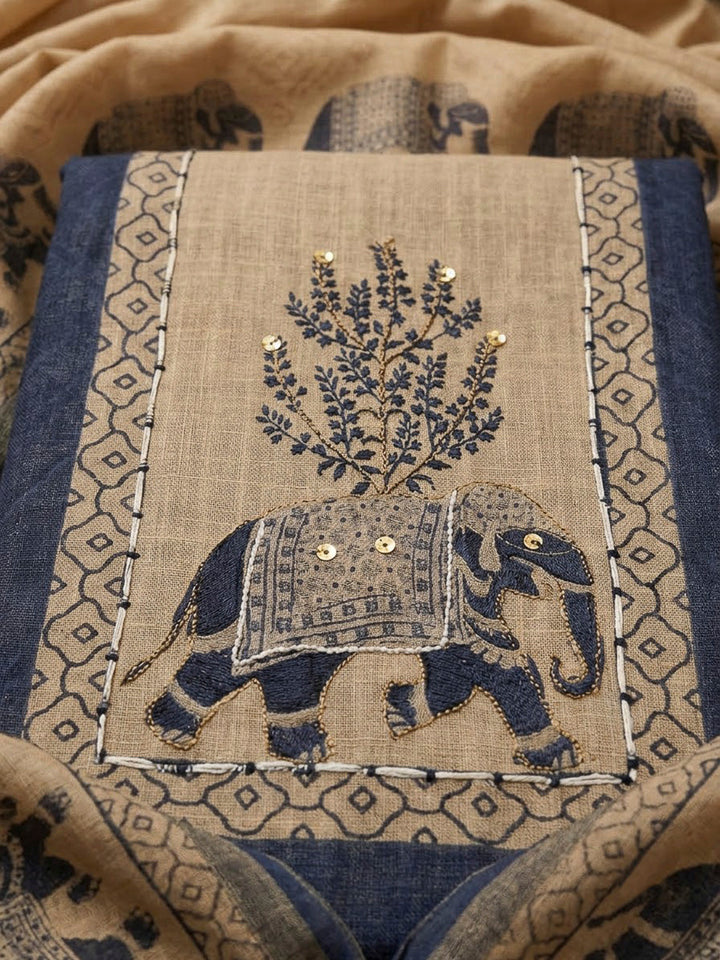 Blue Linen Blend Printed Unstitched Dress Material