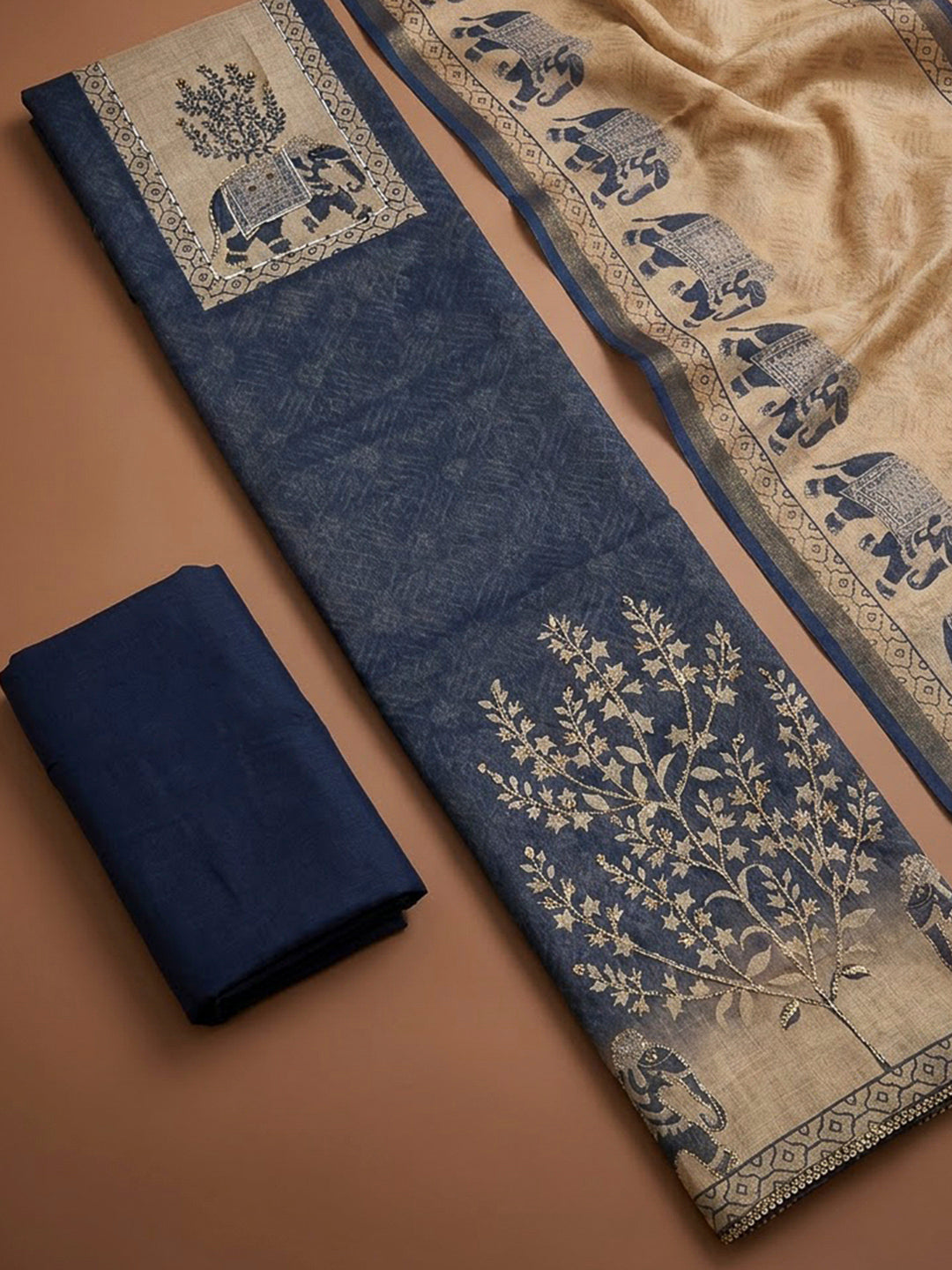 Blue Linen Blend Printed Unstitched Dress Material
