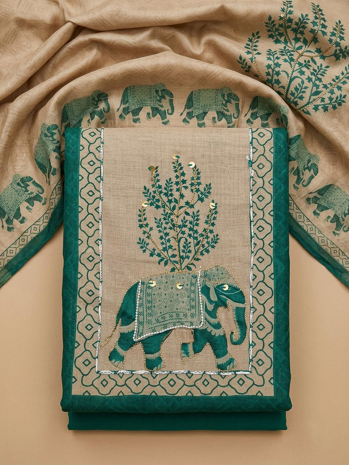 Rama Green Linen Blend Printed Unstitched Dress Material